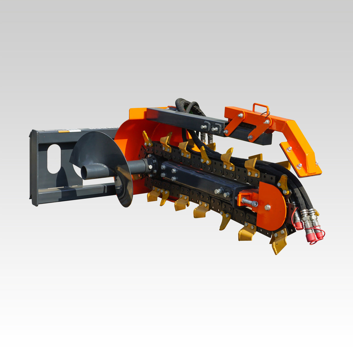 HCN Skid Steer Trencher, Side Discharge Auger, Hydraulic or Manual Side-Shift, Tungsten Teeth