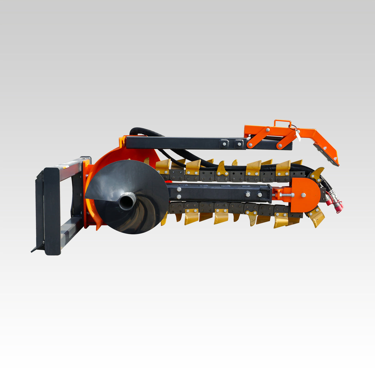 HCN Skid Steer Trencher, Side Discharge Auger, Hydraulic or Manual Side-Shift, Tungsten Teeth