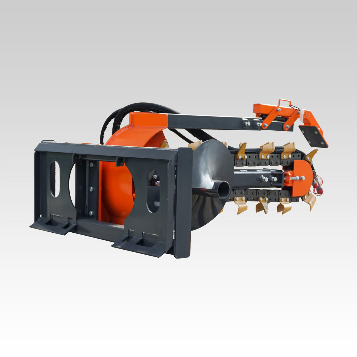 HCN Skid Steer Trencher, Side Discharge Auger, Hydraulic or Manual Side-Shift, Tungsten Teeth